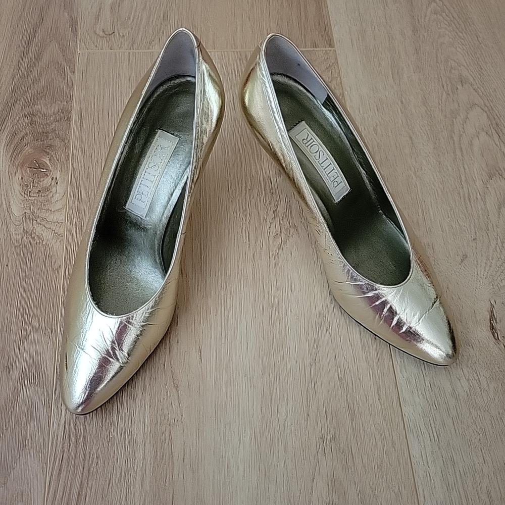 Petitsoir Retro Gold Metallic Pumps 6.5 Pointed-Toe Heels Leather Japan